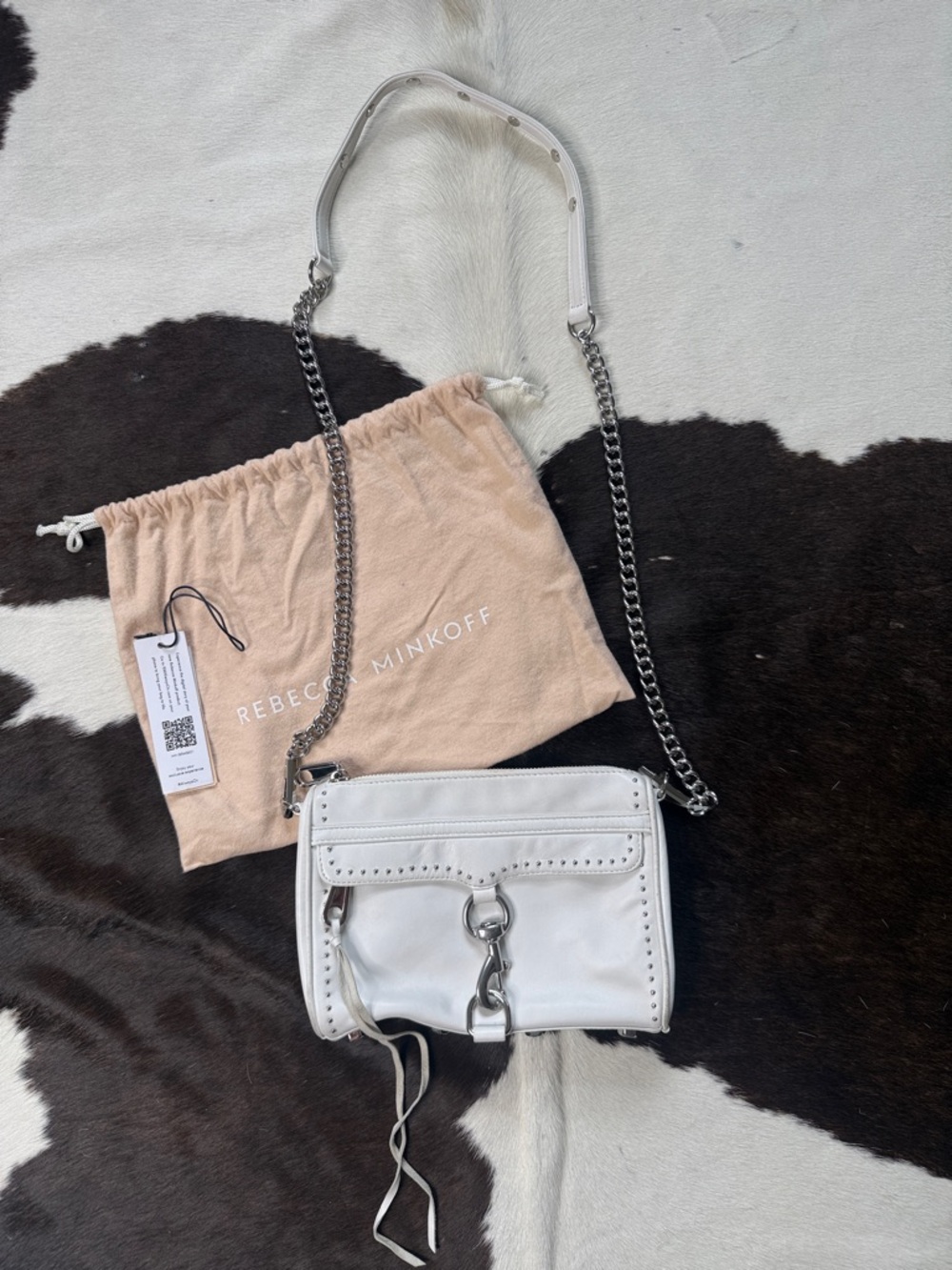 Rebecca Minkoff White Leather Mini Convertible Crossbody with Silver Chain